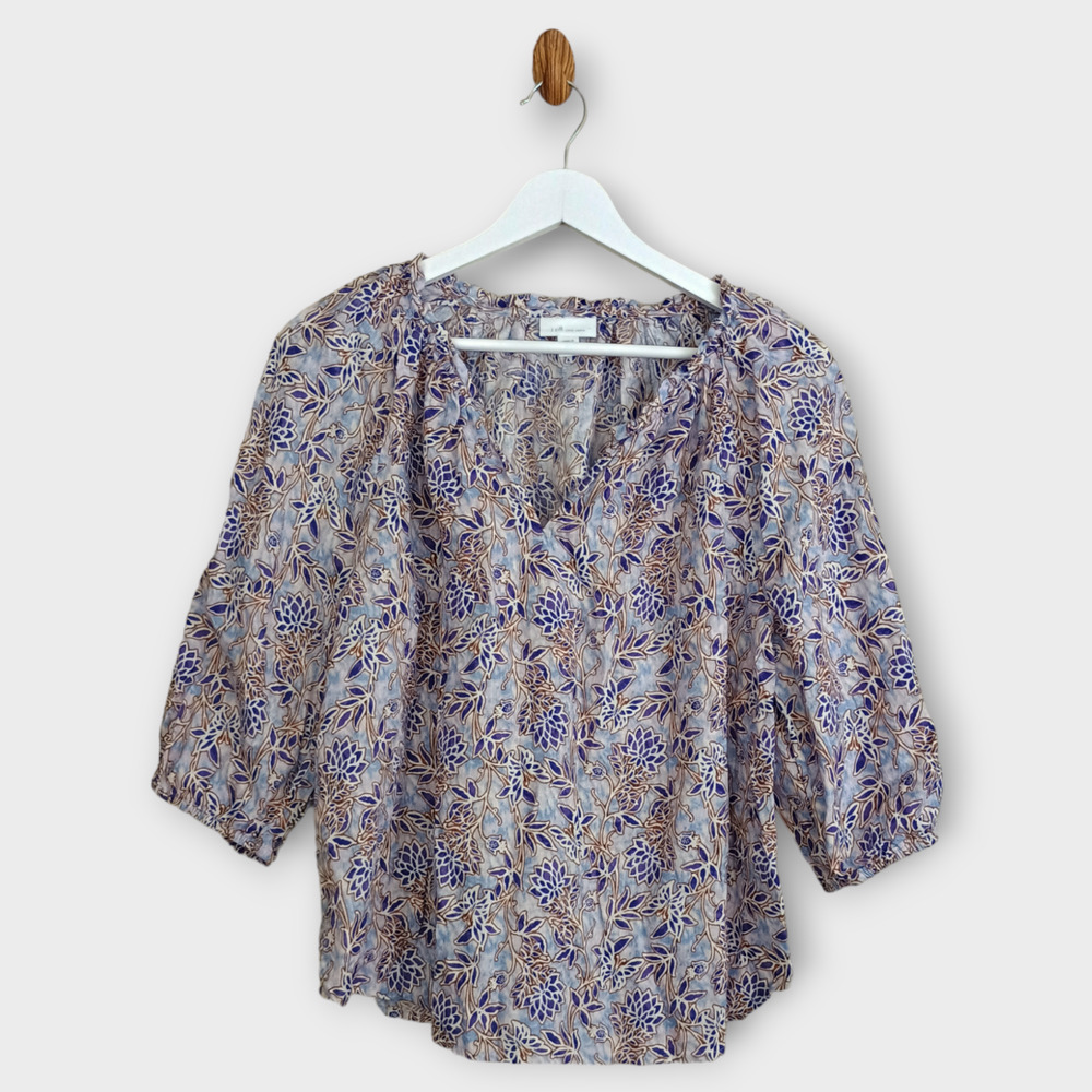 J Jill Love Linen Blouse Women Medium Petite Purple Floral Peasant Coastal Boxy